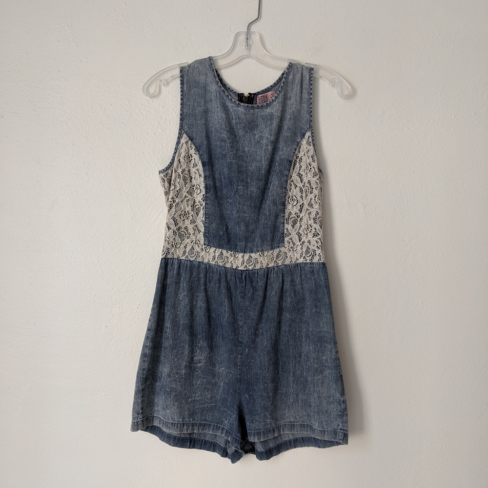 Neon Rose Denim Romper with Lace Accents